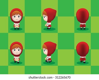 Big Head Red Riding Hood Walking Cartoon Vector