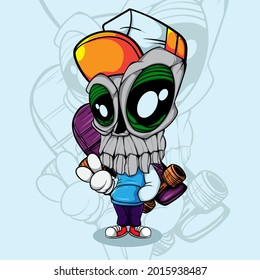 BIG HEAD SKULL DOODLE CHARACTER WITH SKATEBOARD