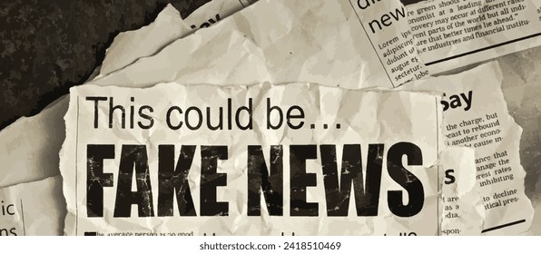 Big headline warns of FAKE NEWS, among a collection of newspaper cuttings.