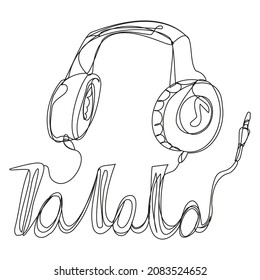 Big headphones in single line on a white background. Chorus from the song: Lalala. Stock vector images with a device for listening to music.Dj and music lover graphic element. Editable stroke.
