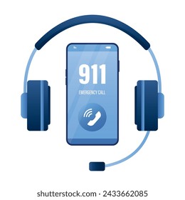 Auriculares grandes y teléfono móvil. Llamada de emergencia al 911 Soporte 247, concepto banner. Atención al cliente. Aplicación de centro de llamadas de emergencia. Línea directa para el servicio de asistencia. Ilustración vectorial de estilo moderno