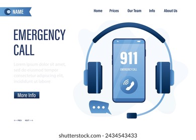 Auriculares grandes y teléfono móvil. Llamada de emergencia al 911 Soporte 247, concepto banner. Atención al cliente. Llamada de emergencia, plantilla de página de destino. Línea directa para el servicio de asistencia. Ilustración vectorial de estilo moderno