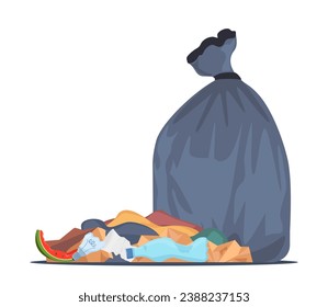 Big heap of trash and waste bag. Garage dump with mountain of trash and waste bag, disgusting heap of household waste, environmental pollution. Vector illustration