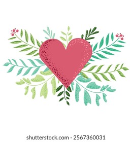 Big heart around branches with leaves as a symbol of happy saint Valentine's day celebration. Greeting card design. Hand drawn vector illustration in flat style. Floral romantic design