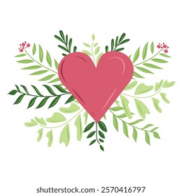 Big heart around branches with leaves as a symbol of happy saint Valentine's day celebration. Greeting card design. Hand drawn vector illustration in flat style. Floral romantic design