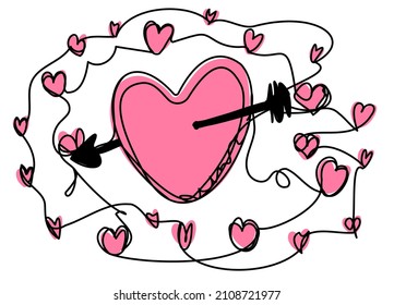 Gran corazón con una flecha en una sola línea sobre un fondo blanco. El concepto de amor al estilo doodle. Ilustración vectorial con corazones para el día de San Valentín.