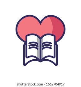 big heart and book icon over white background, colorful line and fill style, vector illustration