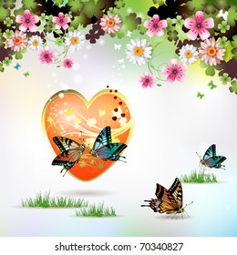 Big heart, and butterflies over springtime background for Valentine's day , vector illustration