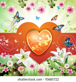 Big heart, and butterflies over springtime background for Valentine's day , vector illustration