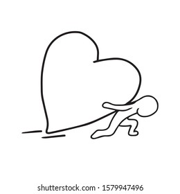 The big heart is carried on its back by a man. Hand drawn isolated on white background.Design for greeting card, banner, coloring.holiday