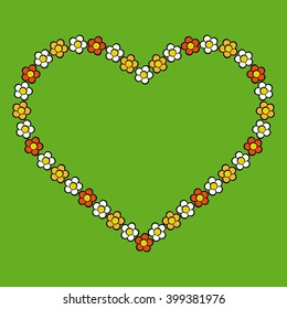 Big heart with colorful flowers on green background