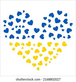 A big heart in the colors of the Ukrainian flag filled with hearts of different sizes in blue and yellow, solidarity with the people of ukraine in the white background. Heart in Vector illustration