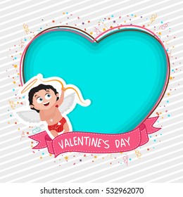 Big Heart with Cute Cupid and Pink Ribbon, Elegant greeting card design for Happy Valentine's Day celebration.