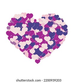 Gran corazón lleno de pequeños corazones planos, rosados y morados para invitaciones, volantes, afiches, folletos y pancartas. Diseñar elementos para el día de San Valentín, el amor o el romance. Ilustración del vector