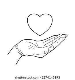 Big heart, hovering over the open palm. Vector illustration.