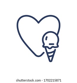 Big heart and ice cream thin line icon. Gelato waffle cone, love, scoop, cafe isolated outline sign. Food and dessert concept. Vector illustration symbol element for web design and apps