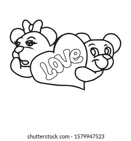 A big heart with the inscription love and two bears a girl with a bow and a boy . Hand drawn isolated on white background.Design for greeting card, banner, coloring.holiday