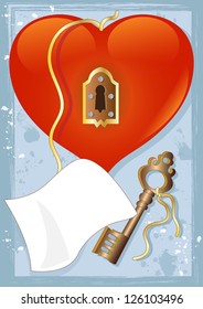 Big heart with lock and key on blue Background