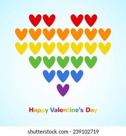 Big heart made of rainbow flag colors hearts. Happy Valentines Day card with greetings.