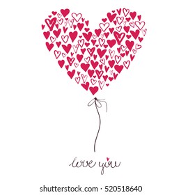 Big heart made from small hearts, Valentines day - I love you illustration. Romantic and cute hand drawn greeting card