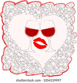 Big heart made from stars with glasses of red wine and kiss.Lipstic.I love you.Romantic.Valentine day.