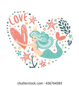 Big heart with a mermaid. Romantic print for your design.
