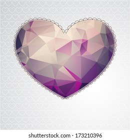 Big heart with polygonal geometric pattern and laconic lace-like outline on light gray background. Valentine's day or wedding illustration.