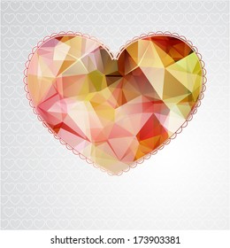 Big heart with polygonal geometric pattern and laconic lace-like outline on light gray background. Valentine's day or wedding illustration.