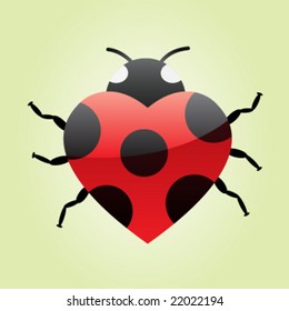 big heart red ladybug on green background