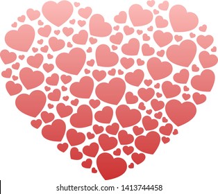 Big heart shape filled with small hearts. Red and pink gradient vector heart for Valentine card and wedding invitation.