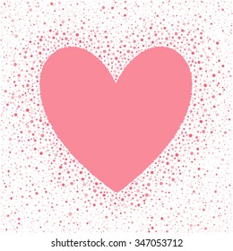 Big heart shape frame with empty space for your greetings and dots texture. Valentines day frame made of hand drawn spots or blobs of various size. Shades of pink abstract background.