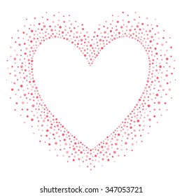 Big heart shape frame with empty space for your greetings. Valentines day frame made of hand drawn spots or dots of various size. Shades of pink abstract background.