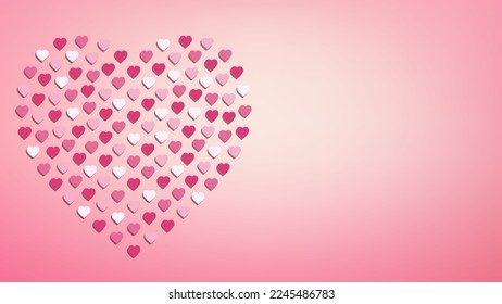 Big heart shape on gradient pink background. Many small hearts of different colors with shadow layer, flat design. Vector banner of happy Woman's, Mother's Day, Valentine's, wedding invitation.