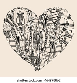 Big Heart of small hand drawn hearts. Background for Valentines day. Sketch for coloring book. Vector, doodle design elements. Black and beige