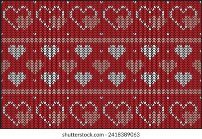Big heart and small it's overlap.White line knit.Burgundy background.Small heart pattern on midlle zone. Design for scarf.Clothes and valentine pattern