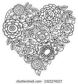 Big heart of spring flowers for coloring book. Womans day holidays design. Valentines day heart. Hand drawn decorative elements. Black and white.Vector. 