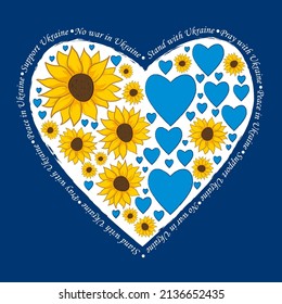 Big heart with sunflowers and heart symbol. Ukraine concept design. Support Ukraine