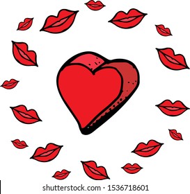 Big heart surrounded by kisses on a white background. Drawn by hand. Valentine's Day. Holiday design. Vector illustration