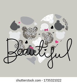 big heart with teddy bear pattern vector illustration, love and birthday card, T-shirt graphics design