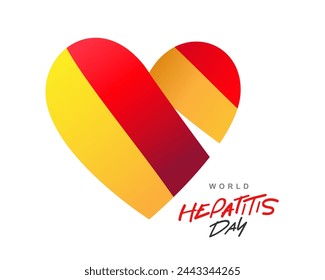 Big heart with a yellow-red ribbon is a symbol of hepatitis inside. World Hepatitis Day. Inflammatory liver disease. Vector illustration on a white background.