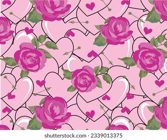 grandes corazones e impresos de rosas
