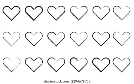 Big hearts set hand made with brush black and white vector 