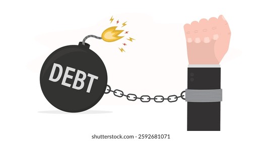 Big heavy debt weight with shackles and business man hand closeup. Tax burden, financial crime, fee, crisis and bankruptcy. Money problems, bankruptcy, economic collapse. flat vector illustration