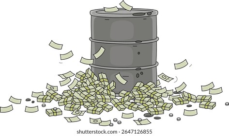 Big and heavy oil barrel in a pile of money, vector cartoon illustration isolated on a white background