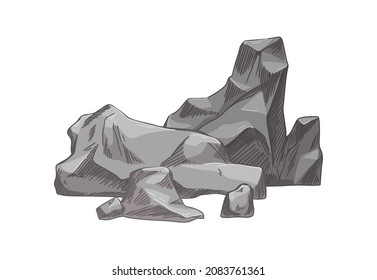Grandes rocas pesadas. Grupo de rocas sólidas. Rubores duros. Dibujo realista de material natural, formación de montaña. Ilustración vectorial detallada dibujada a mano aislada en fondo blanco