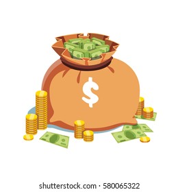 Big heavy sack full of money with dollar sign on it standing next to the golden coin stacks and some banknotes. Flat style modern vector illustration isolated on white background. 