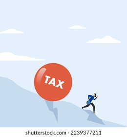 big heavy tax ball rolling down the hill to employer workers running away from the ball. Incorrect tax payment due date or no financial planning for tax free investment concept.