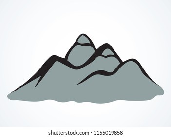 Big height boulder ice hilltop mound scene on light sky view. Freehand outline black ink hand drawn geology relief logotype emblem element sketchy in art doodle retro style pen on paper space for text