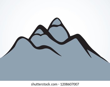 Big height boulder ice hilltop mound scene on light sky view. Freehand outline black ink hand drawn geology relief logotype emblem element sketchy in art doodle retro style pen on paper space for text