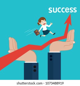 Big helping hand lifting up arrow businesswoman to success, success concept money